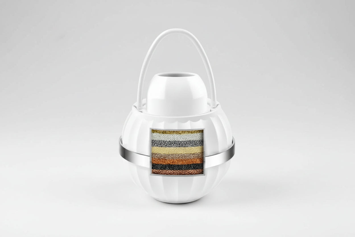 Premium bathtub water filter, showing filter layers on a studio background