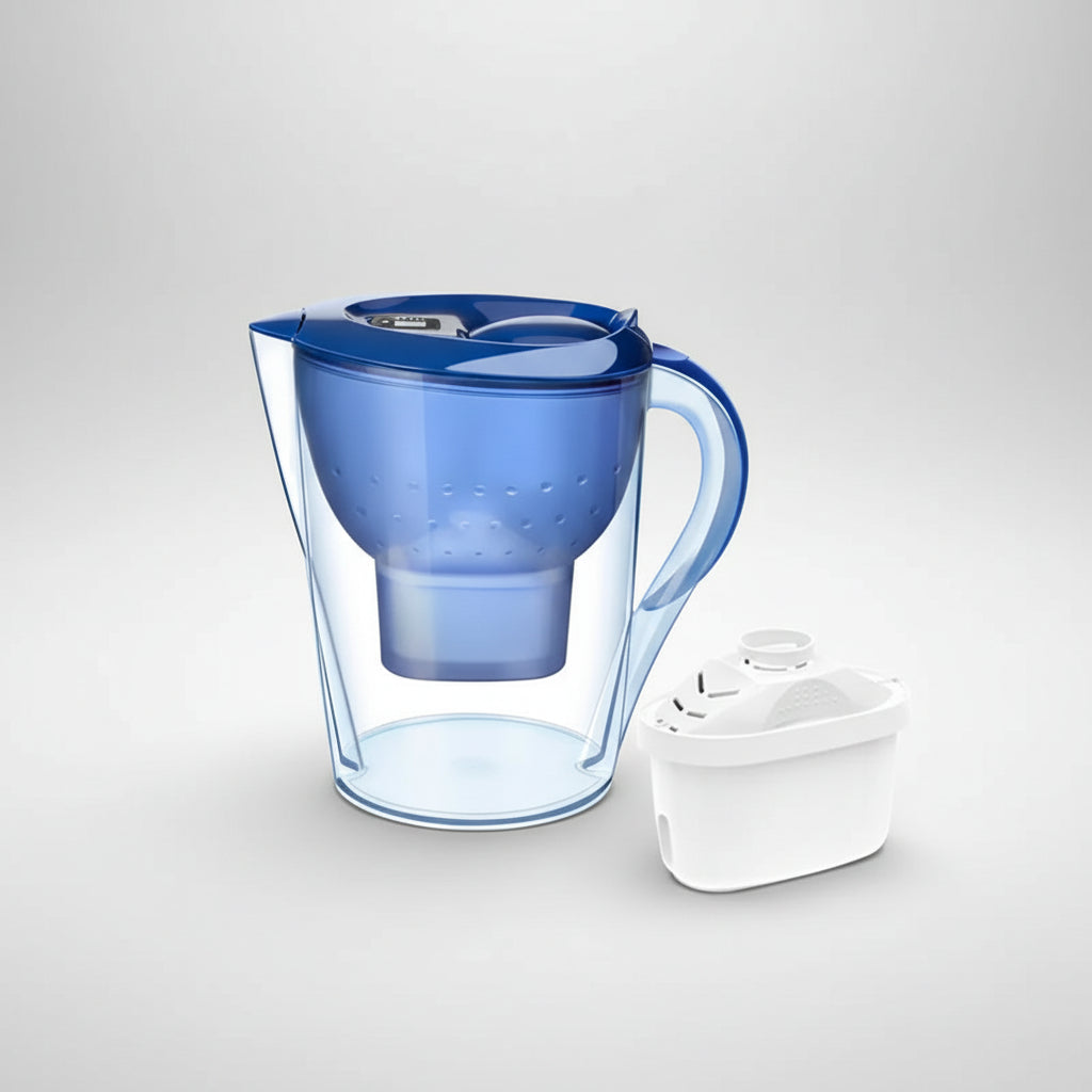 Blue Premium Kettle with Activated Carbon Filter on a studio background