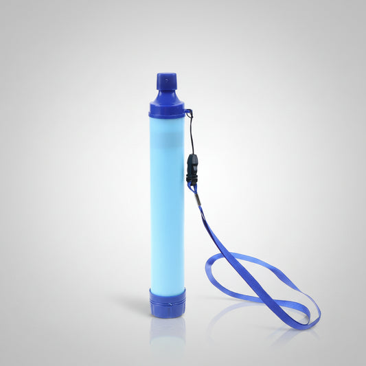 Blue Portable Water Filter Straw with a strap on a white background