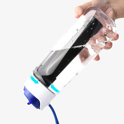 Hand holding upside down a Premium Filter Water Bottle, demonstrating its proof against leakage