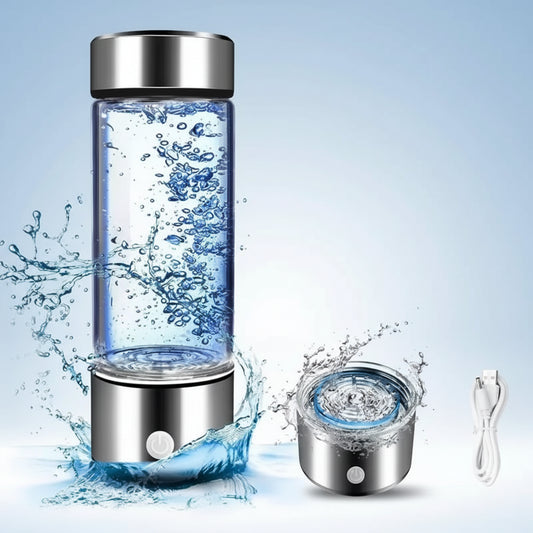 Hydrogen Infusion Water Bottle and a usb cable on a blue background