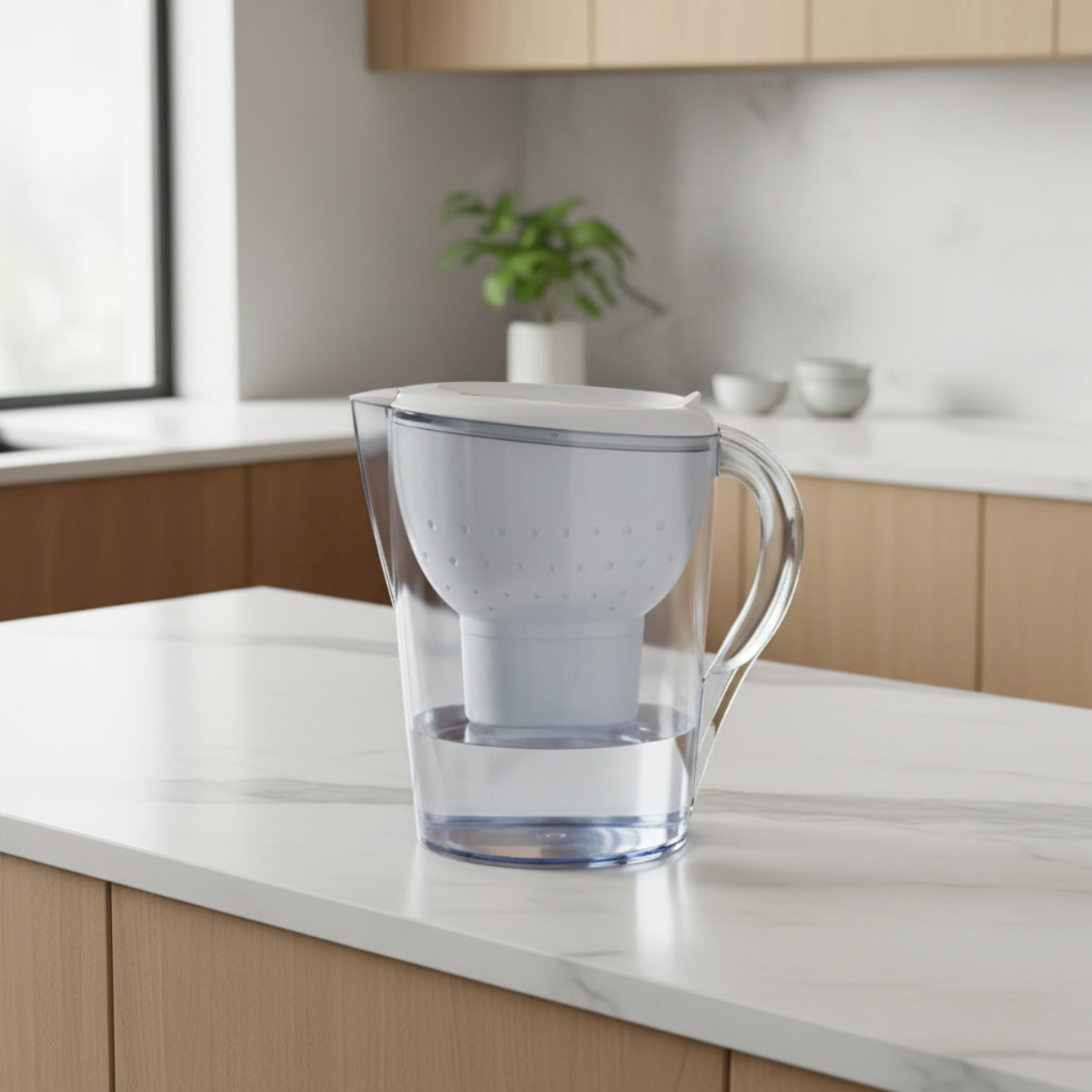 White Premium Kettle with Activated Carbon Filter on a Kitchen Counter Top