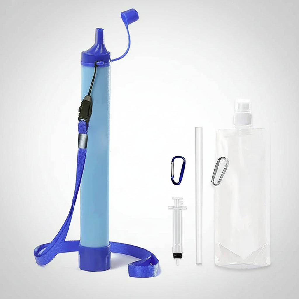 Portable Water Filter Straw with accessories on a white background