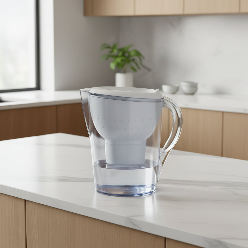 Premium White Kettle with Activated Carbon Filter displayed on a kitchen countertop.