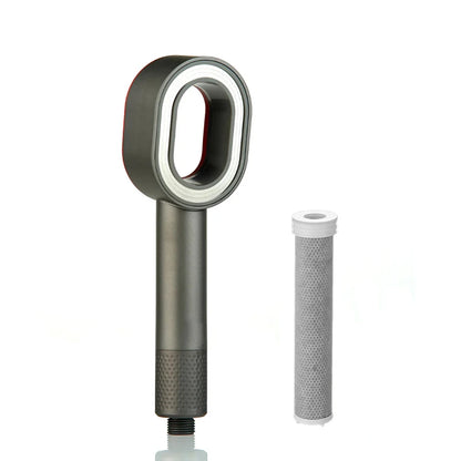 Silver shower head with filter cartridge on a white background