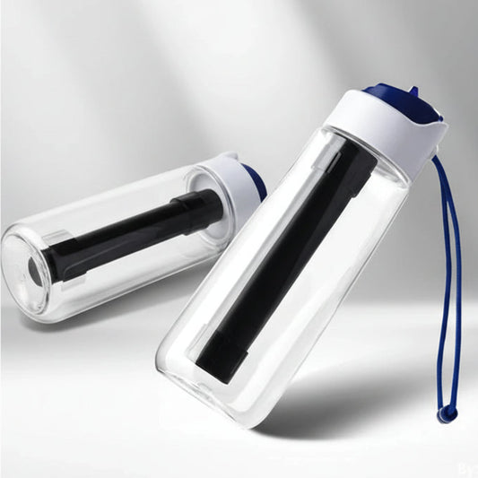 Two Premium Filter Water Bottles displayed against a studio background.