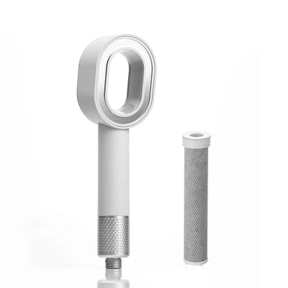 White  shower head with a cylindrical filter cartridge on a white background